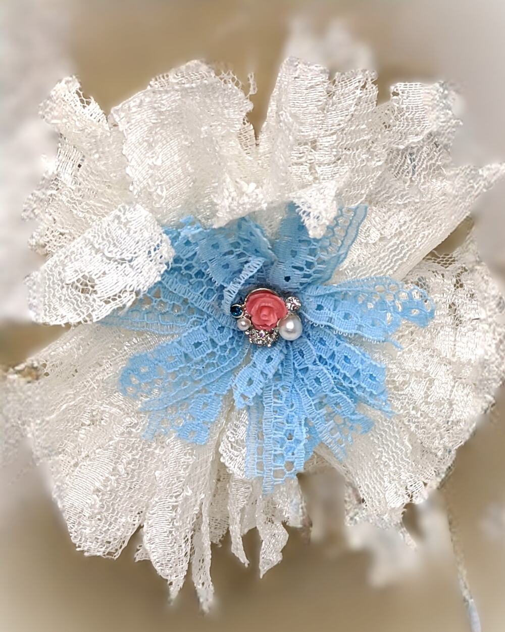 Vintage White Lace Flower Brooch Handmade Blue Pink Upcycled Jeweled Accent NEW